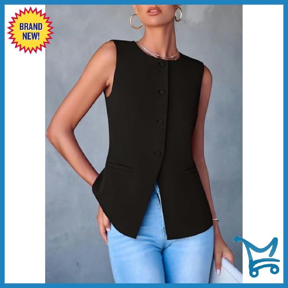 Sleeveless Button Down Vest Blazer Business Casual Polyester Waistcoat - Picture 6 of 8
